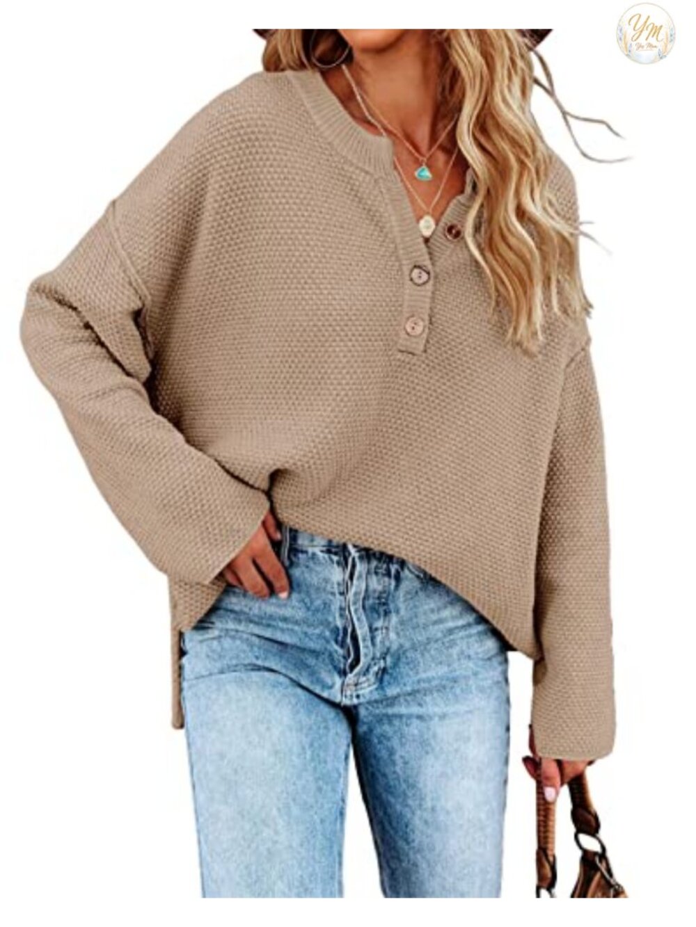 Oversized V Neck Knit Sweater Long Sleeve Button Pullover